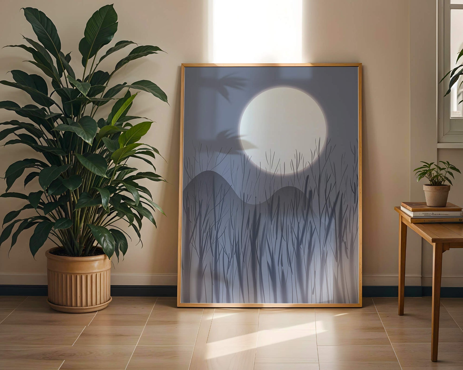 Ruhige Nachtlandschaft mit Vollmond und kahlen Bäumen