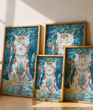 Gato caprichoso con peces coloridos y pinceladas juguetonas
