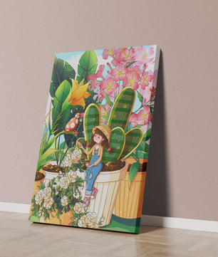Charmante scène de jardin avec une jeune fille et des fleurs éclatantes