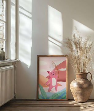 Pink Cat Holding Net in Whimsical Landscape