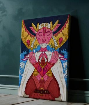 Surreal illustration of a mystical creature with golden horns and vibrant elements