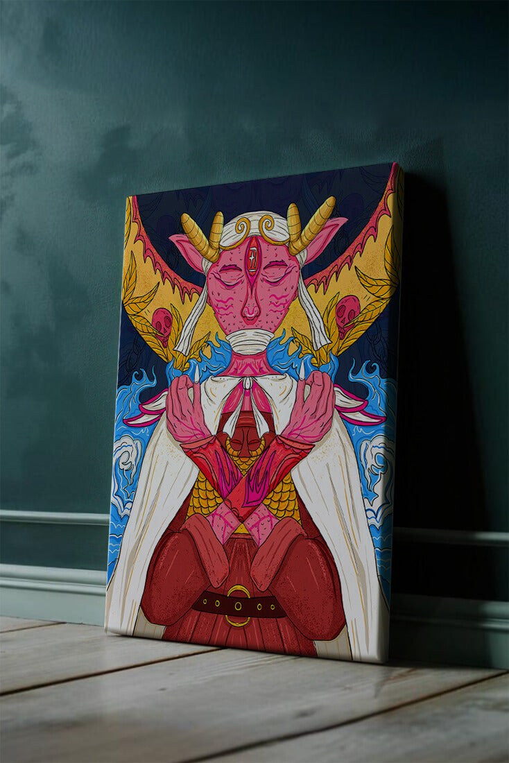 Surreal illustration of a mystical creature with golden horns and vibrant elements
