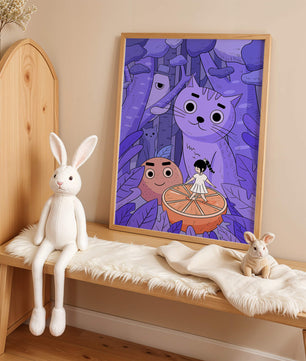 Whimsical forest scene with playful cartoon characters
