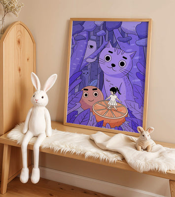 Whimsical forest scene with playful cartoon characters