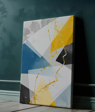 Abstract Geometric Art with Gold Accents in Blue, Yellow, and Gray - Mi tienda