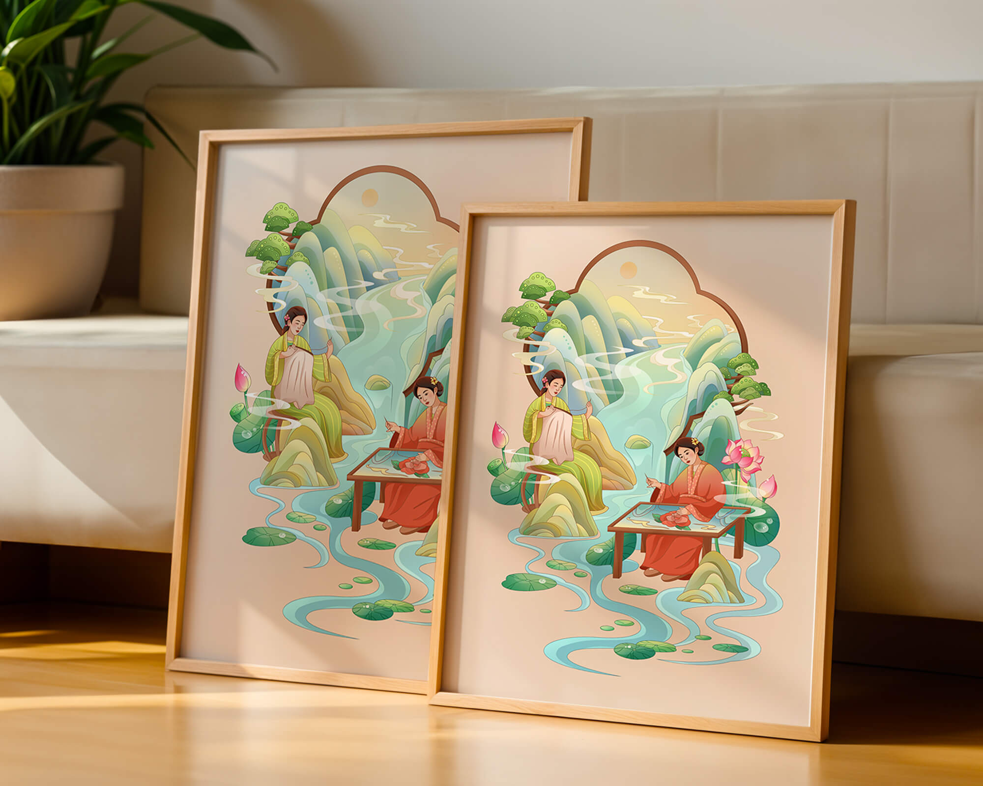 Serene water and nature scene with people in traditional attire
