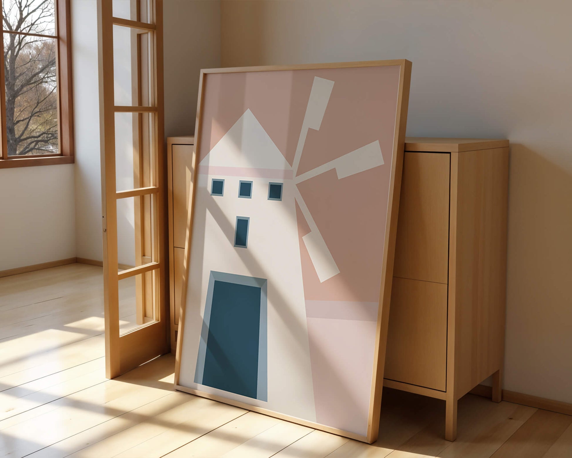 Minimalist geometric house illustration on pastel background