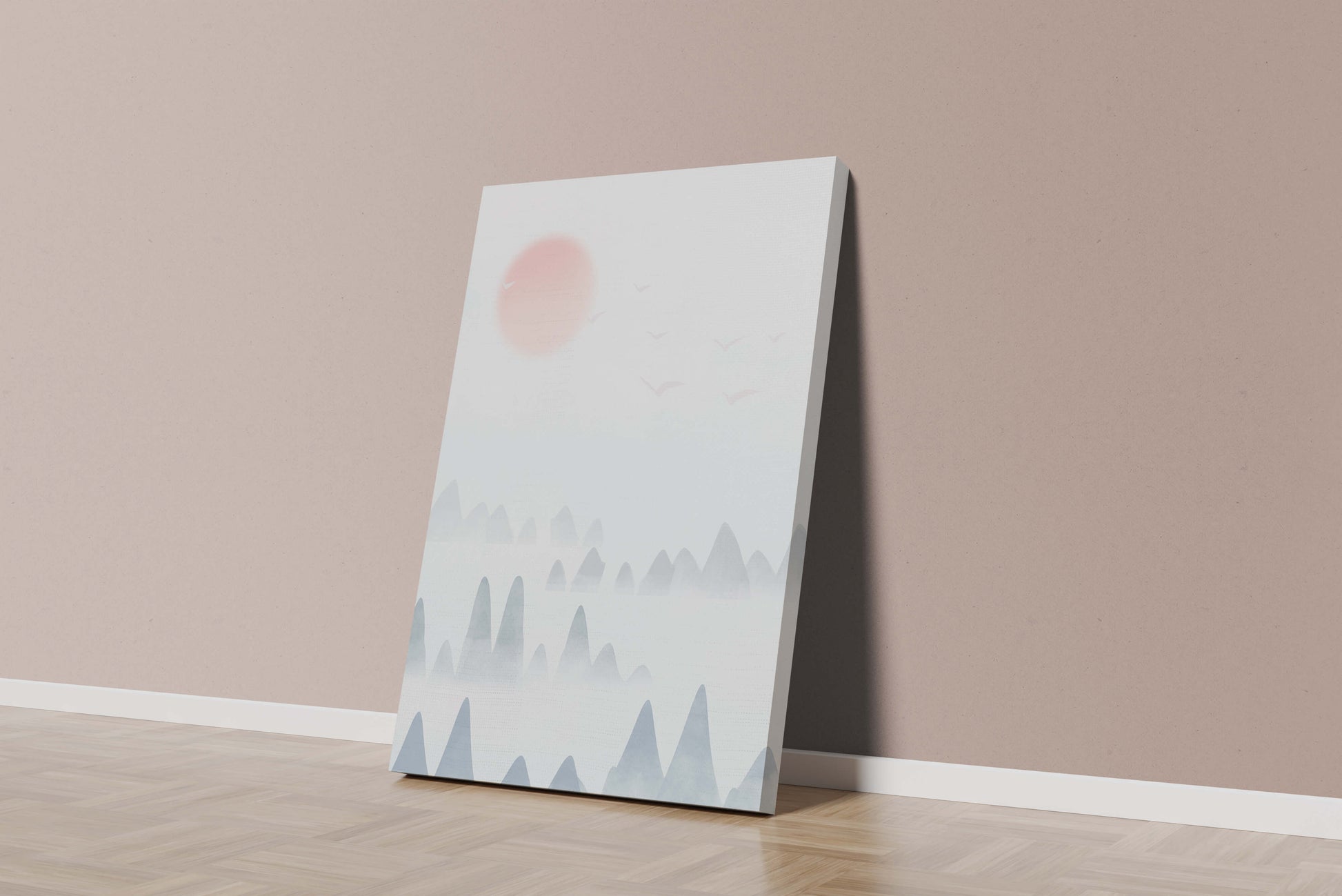 Minimalistic Mountain Landscape with Soft Colors and Birds in the Sky