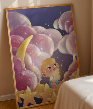 Escena encantadora del cielo nocturno para niños con un niño en una luna creciente