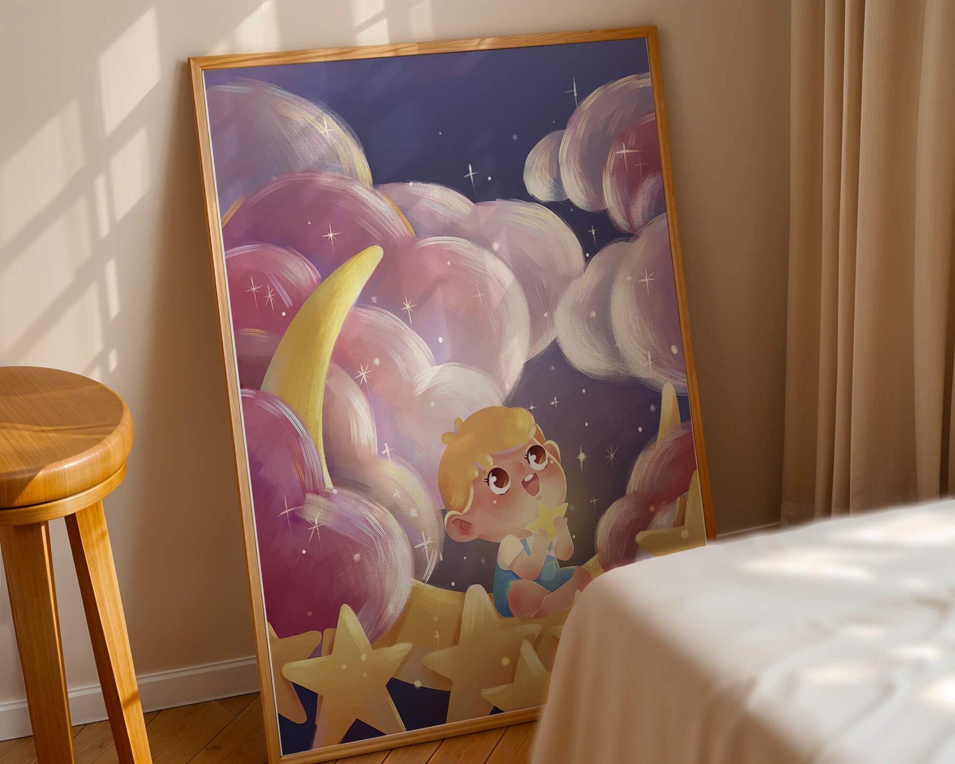 Escena encantadora del cielo nocturno para niños con un niño en una luna creciente
