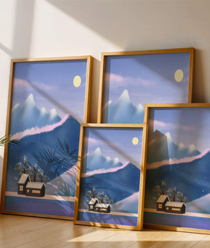 Paysage de montagne enneigée avec des maisons et des arbres sous la lumière de la lune