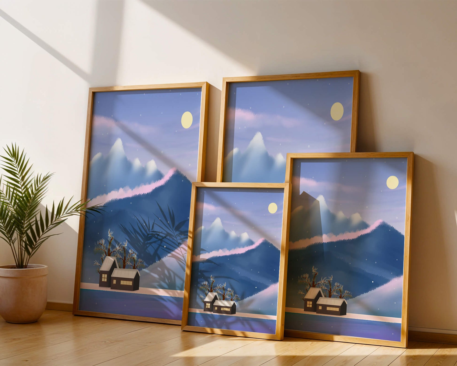Paysage de montagne enneigée avec des maisons et des arbres sous la lumière de la lune