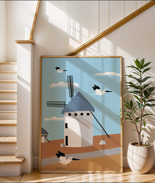 Windmill Landscape with Birds in a Minimalist Style
