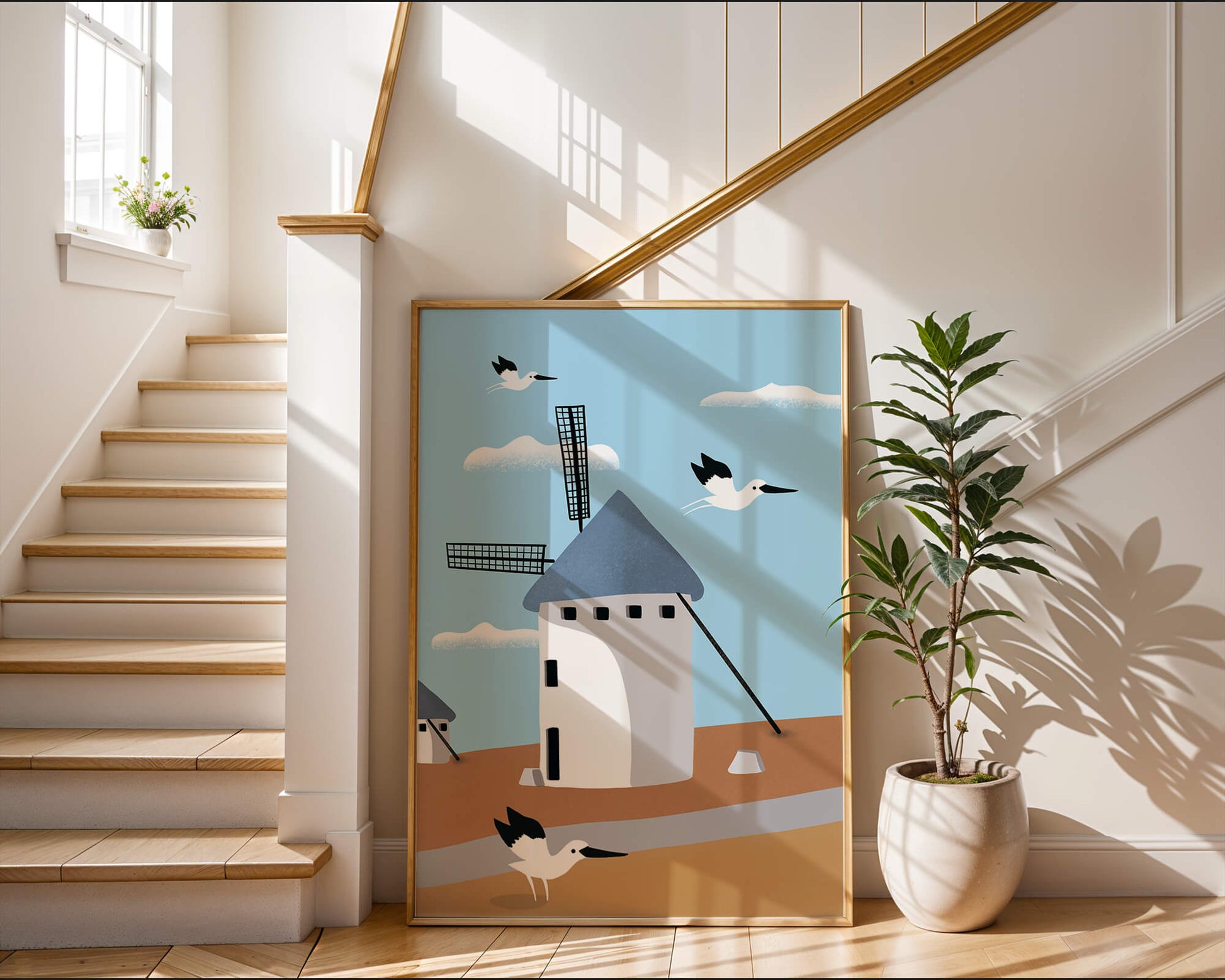 Paisaje de molino de viento con pájaros en estilo minimalista