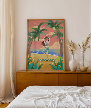 Escena de yoga tranquila en una playa tropical al atardecer