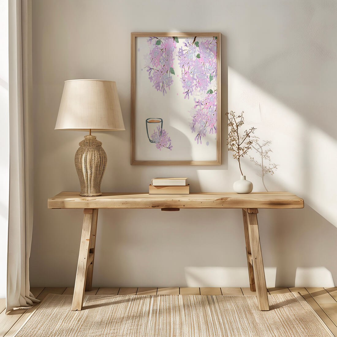 Elegant floral illustration with lilac blossoms and delicate branches