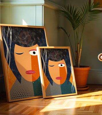 Abstract geometric portrait featuring vibrant colors and textures