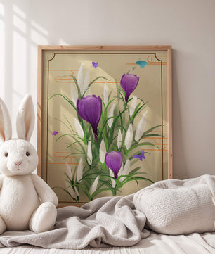 Elegant Crocus Flowers with Butterflies in a Delicate Frame
