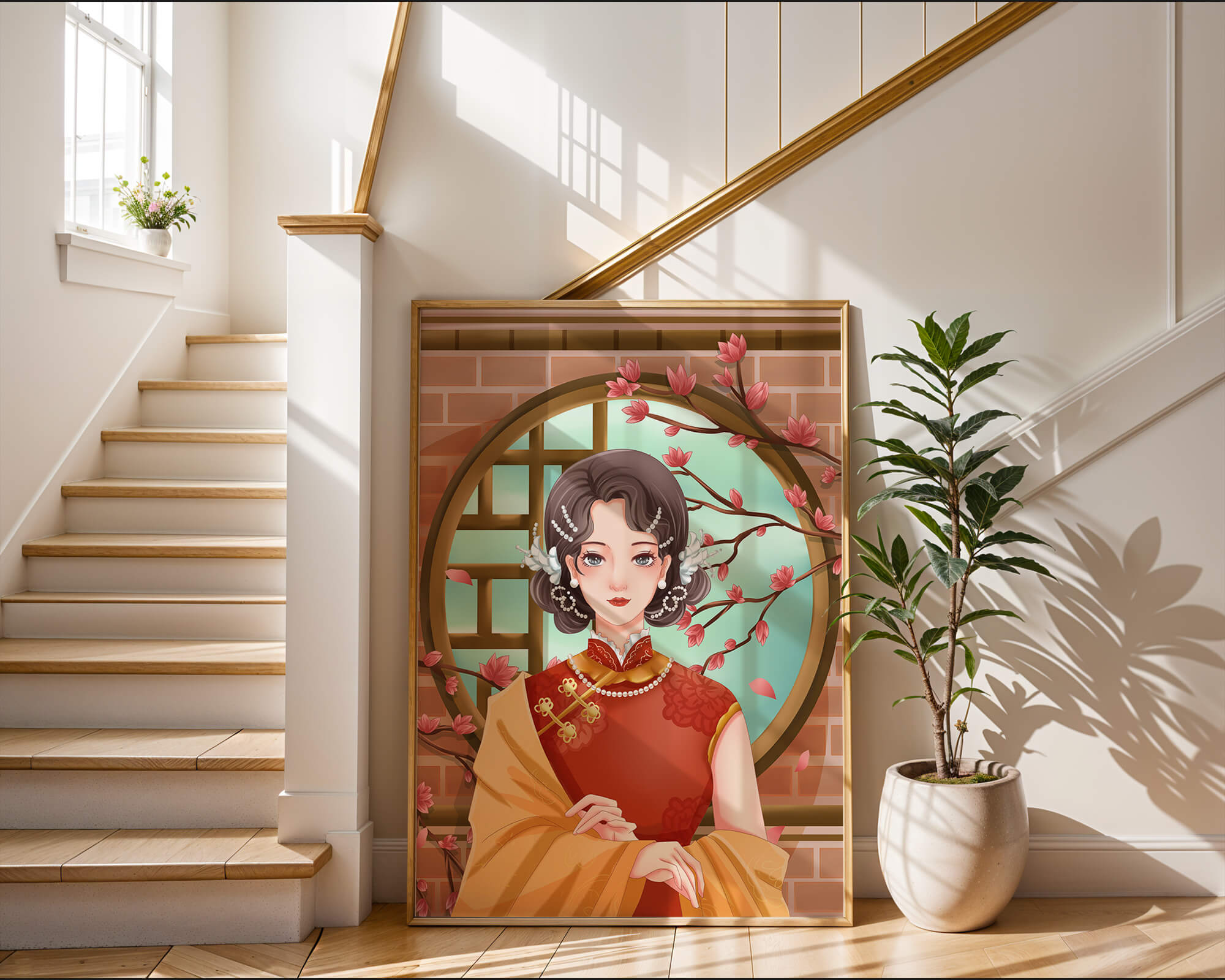 Elegant woman in traditional dress with floral background