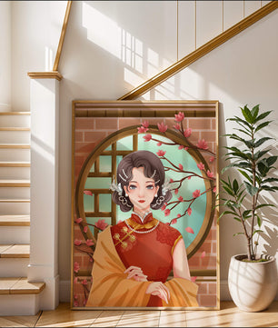 Elegant woman in traditional dress with floral background