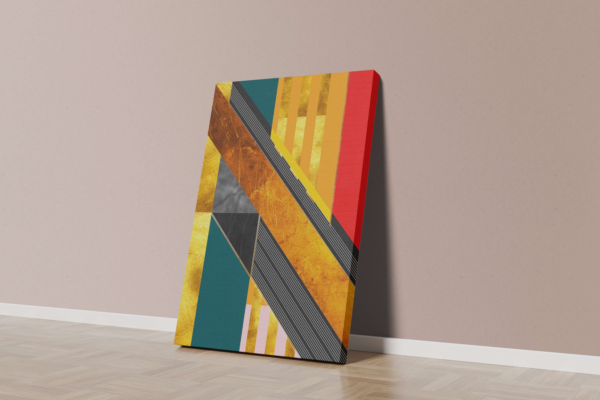 Abstract geometric design with gold accents and vibrant colors