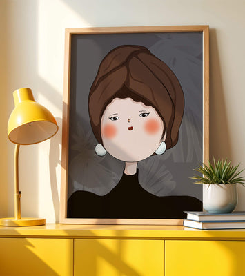 Elegant portrait of a woman with a unique headscarf and expressive features