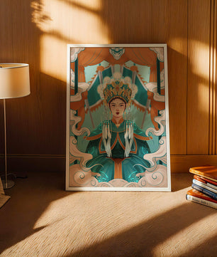 Illustration élégante d'une princesse orientale avec une tenue royale et des éléments mythiques