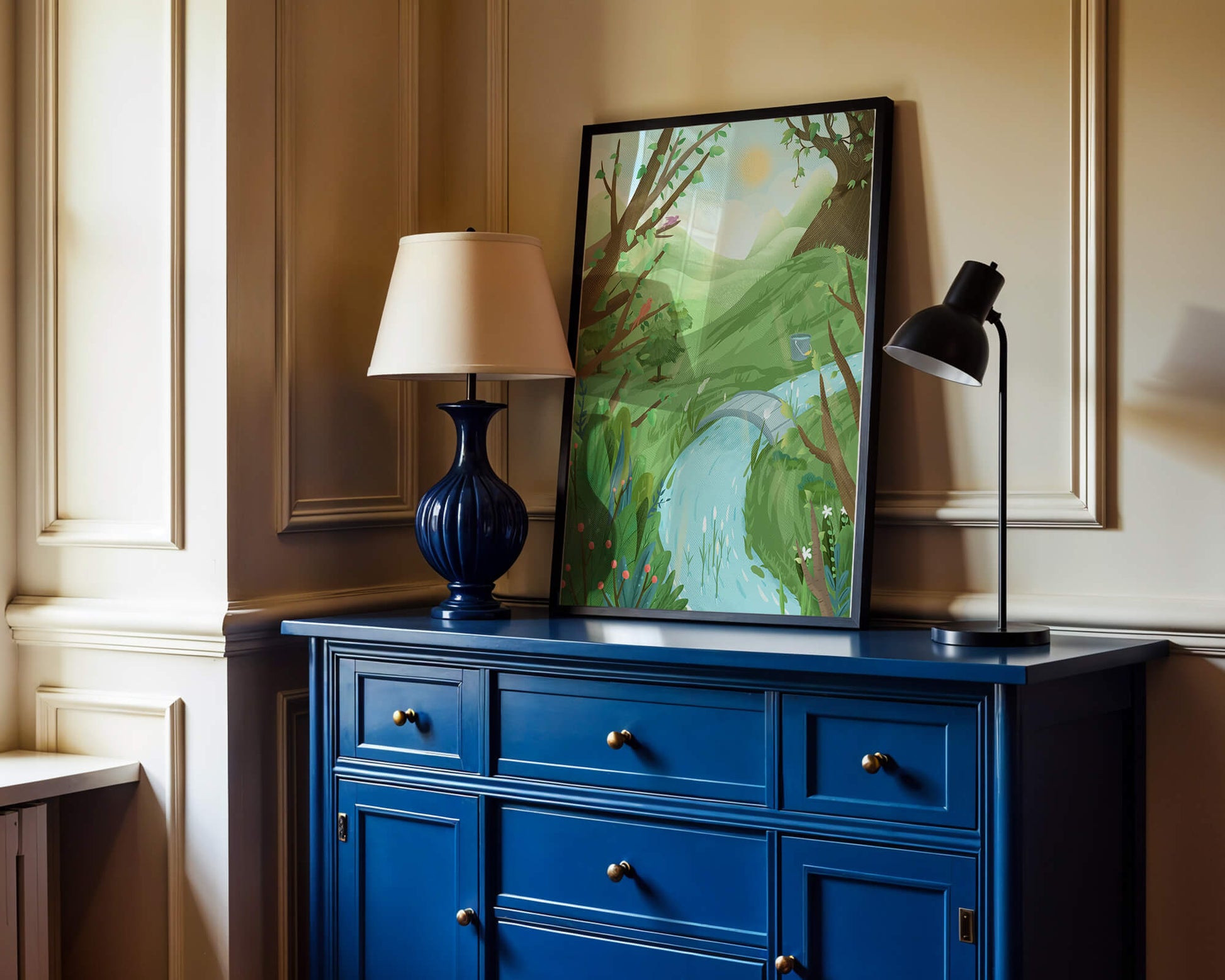 Paisaje sereno con aves y río bajo un cielo soleado