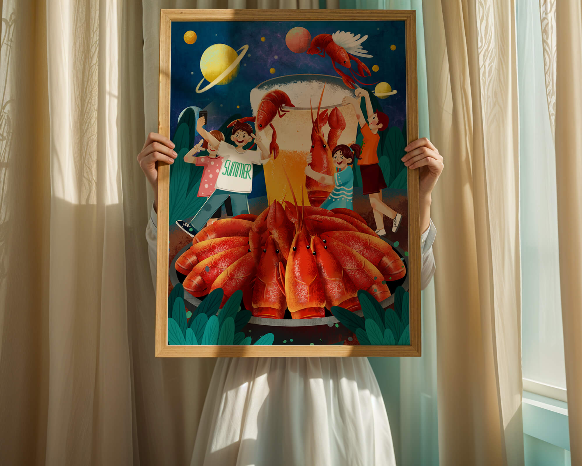 Fantasy illustration with cosmic lobsters and friends enjoying a summer feast