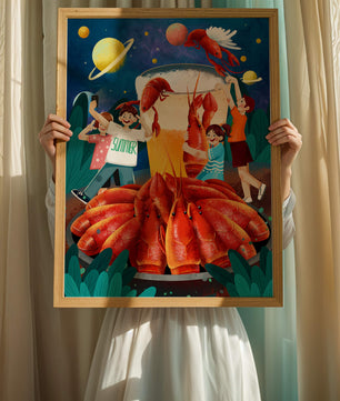 Ilustración de fantasía con langostas cósmicas y amigos disfrutando de un banquete de verano