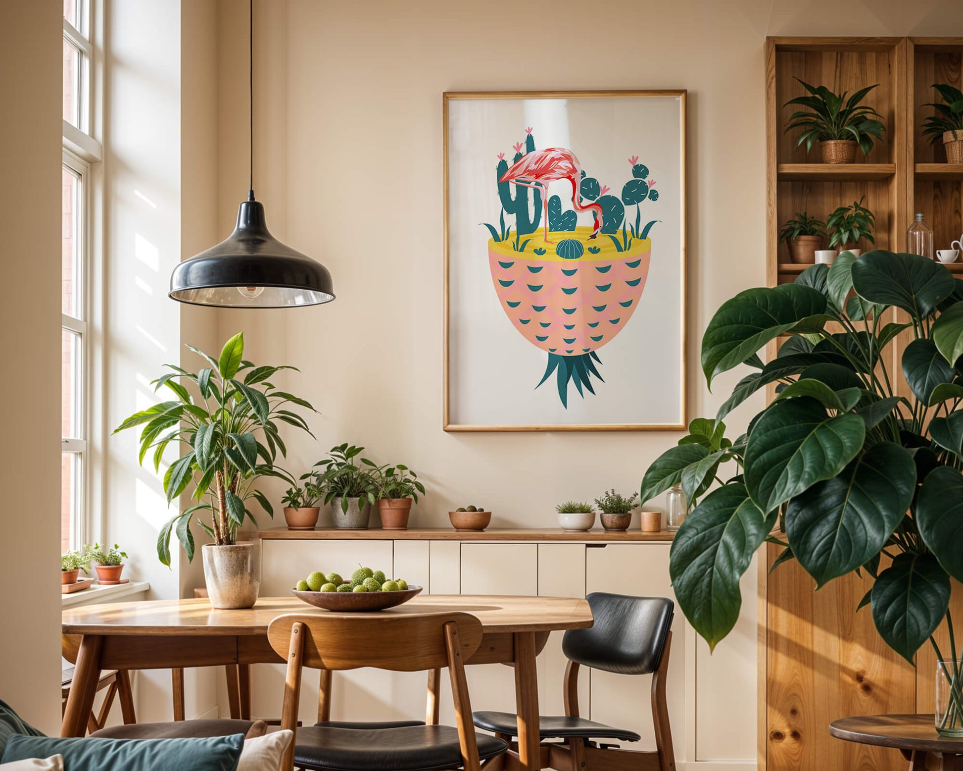 Ilustración de flamenco con cactus en jarrón de piña