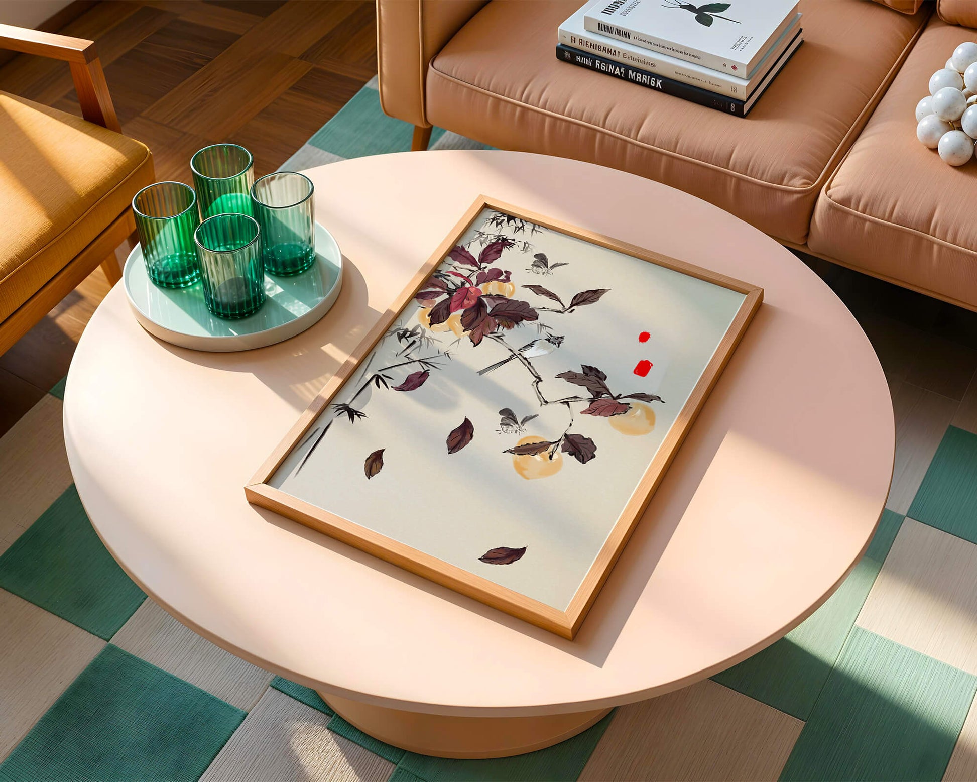 Elegant nature illustration featuring butterflies and birds on a branch