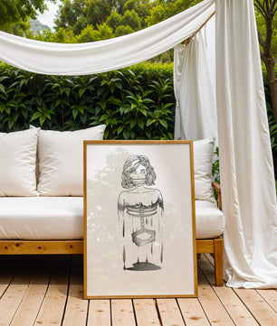 Surreal illustration of a woman with abstract ribcage and melting effect
