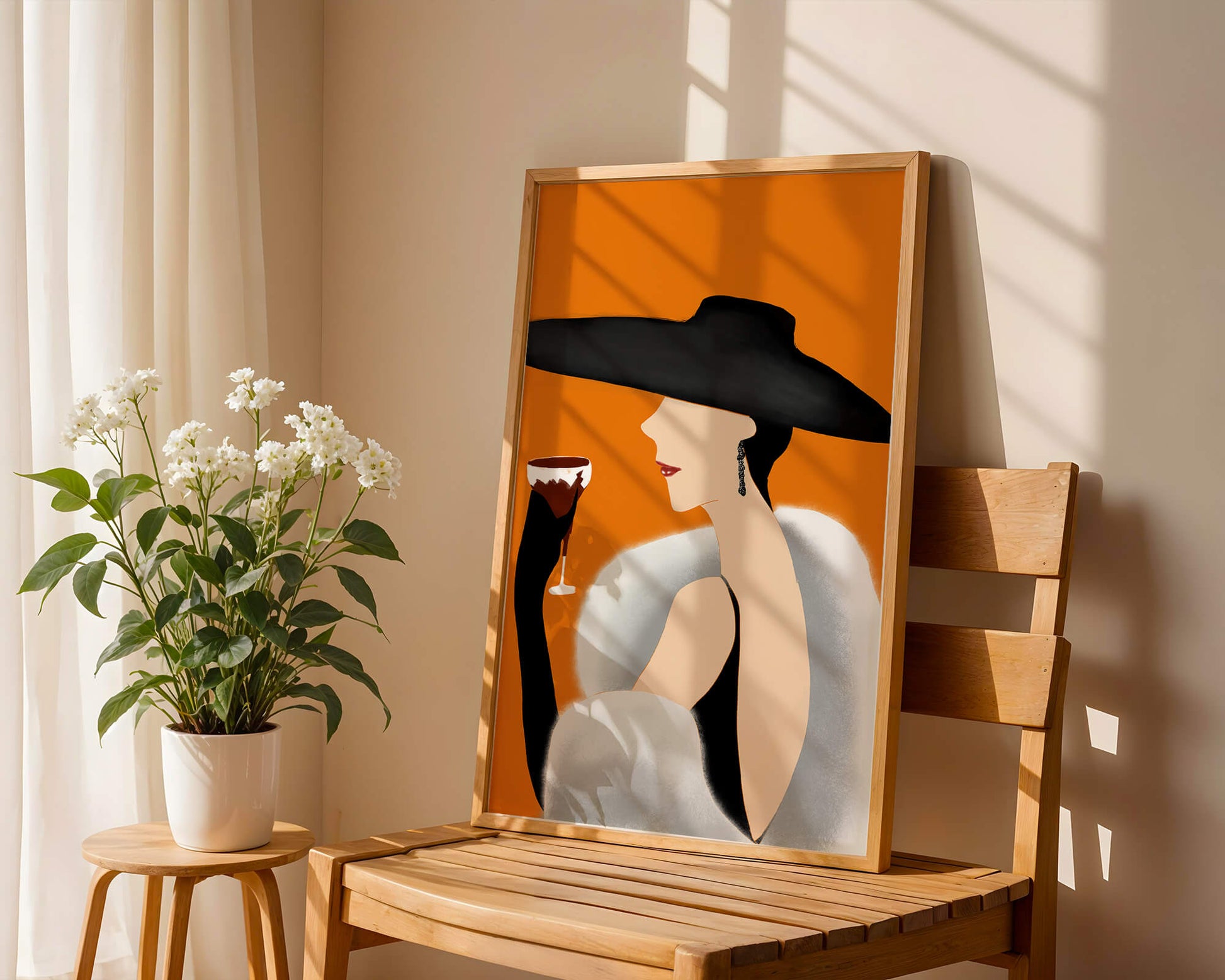 Elegant Woman in Black Hat and White Fur with Wine Glass