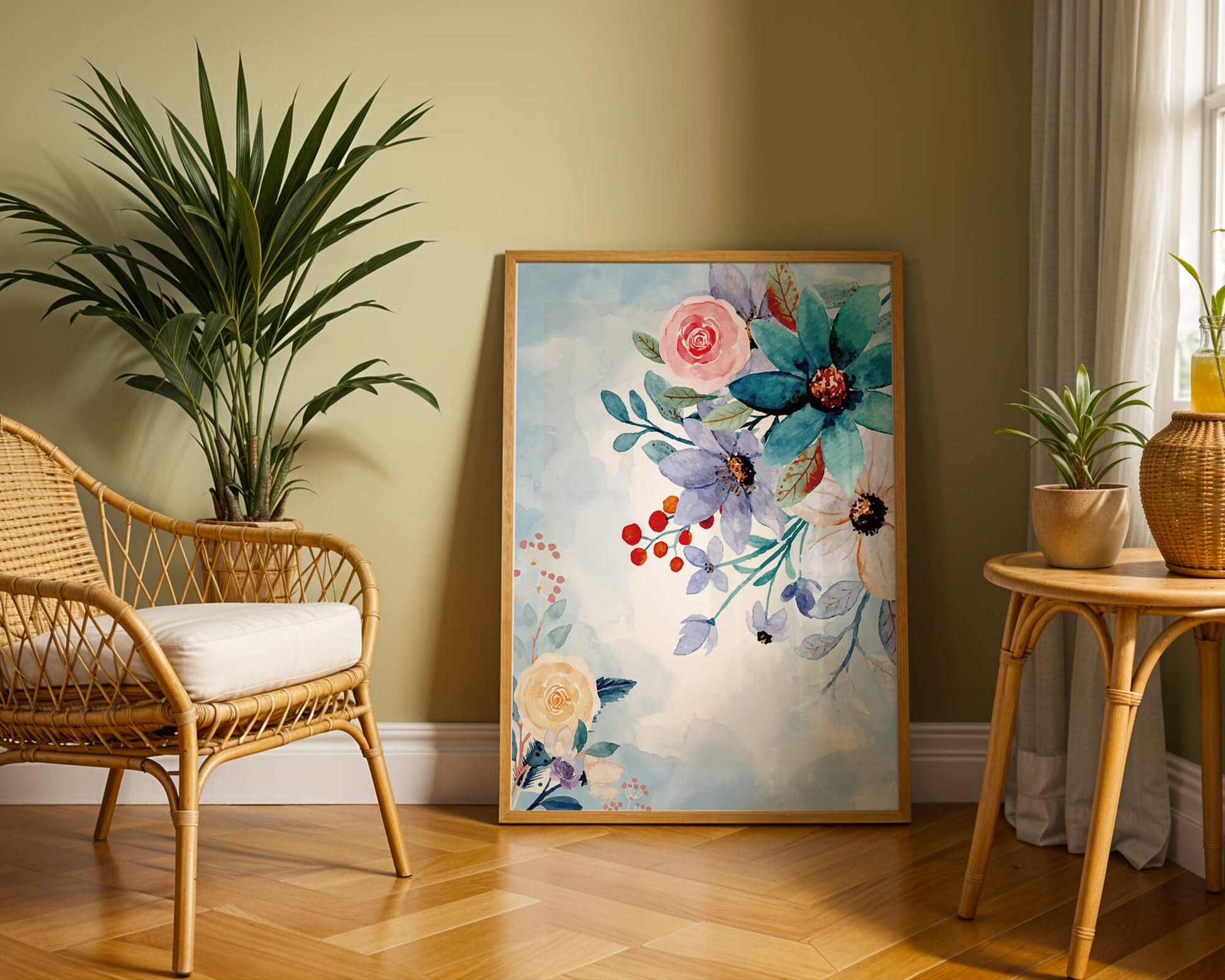 Ilustración floral acuarela con flores y hojas vibrantes
