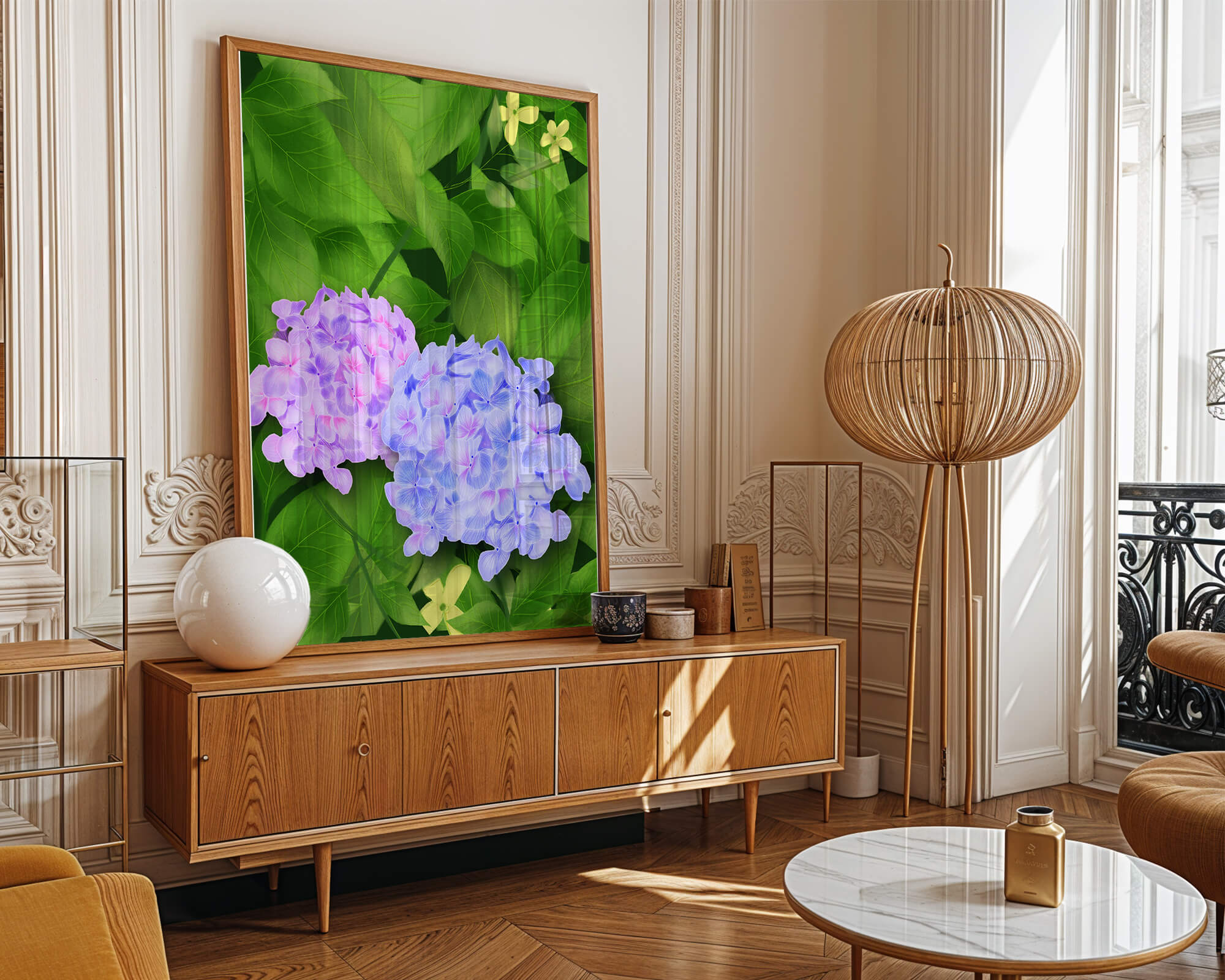 Delicate hydrangeas with lush green leaves in a vibrant botanical scene