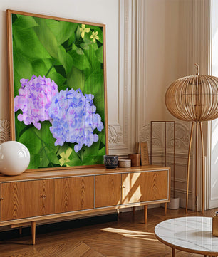 Delicate hydrangeas with lush green leaves in a vibrant botanical scene
