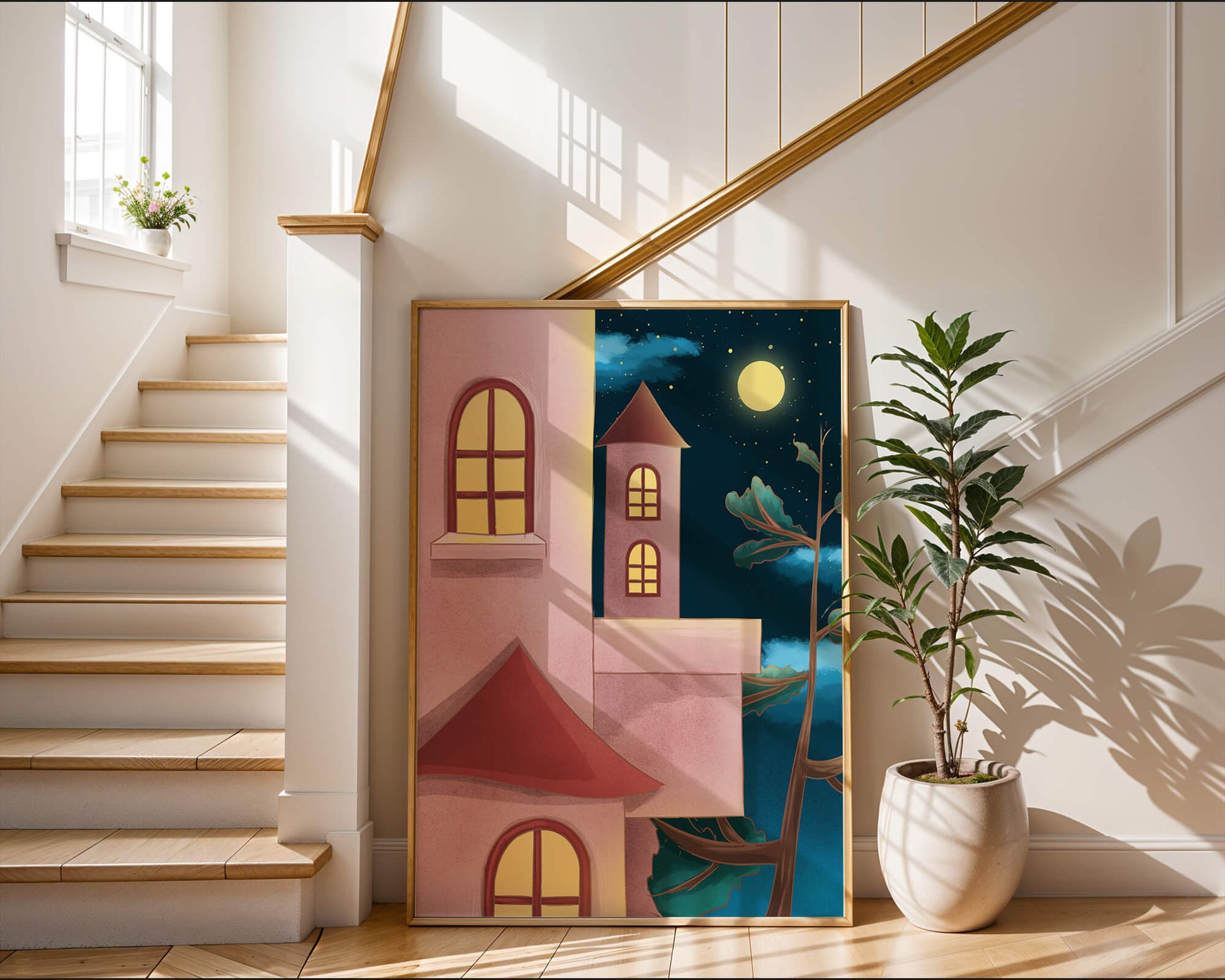 Castle with Arched Windows under Moonlit Sky