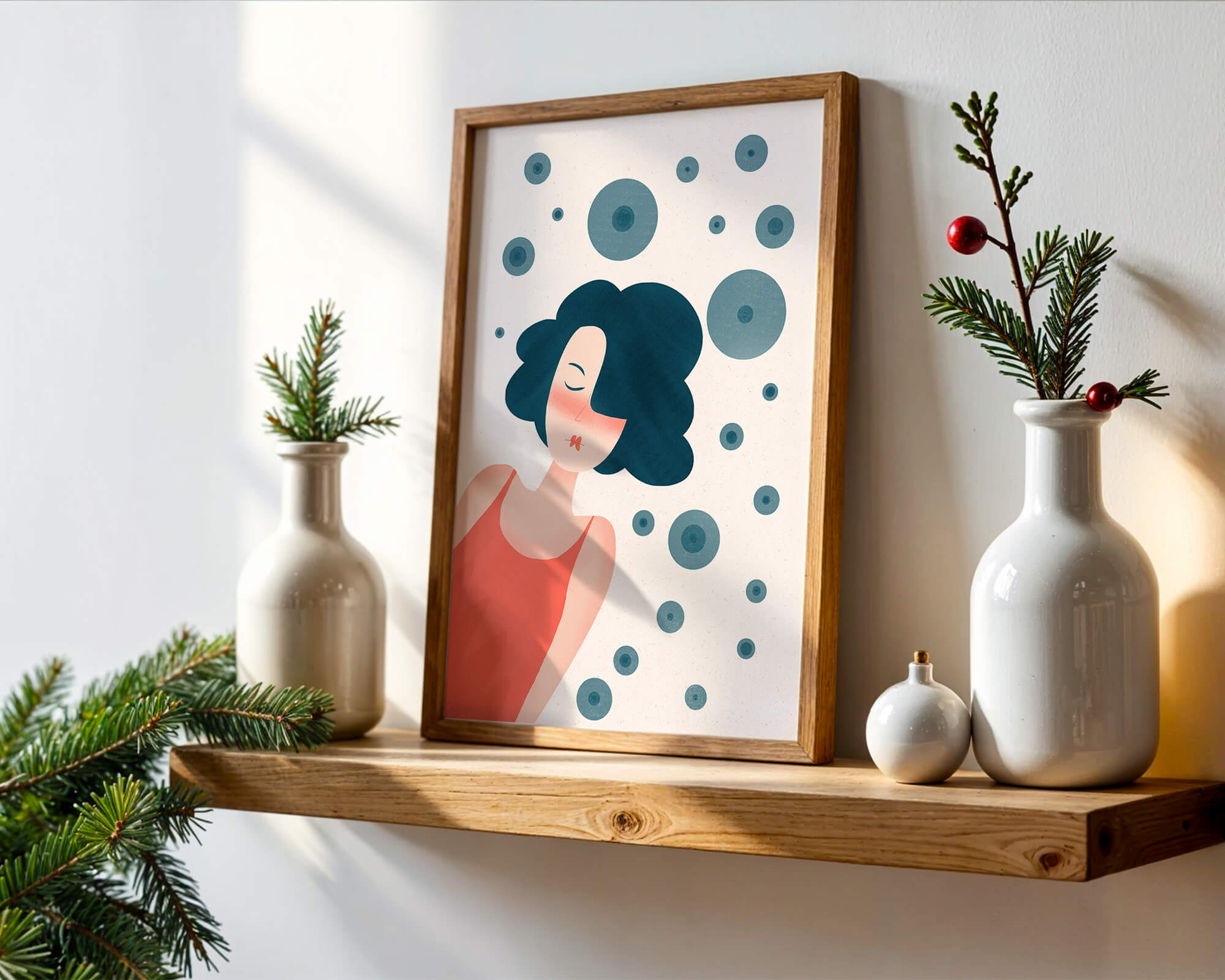Dreamy Female Portrait with Abstract Circles in Modern Art Style - Mi tienda