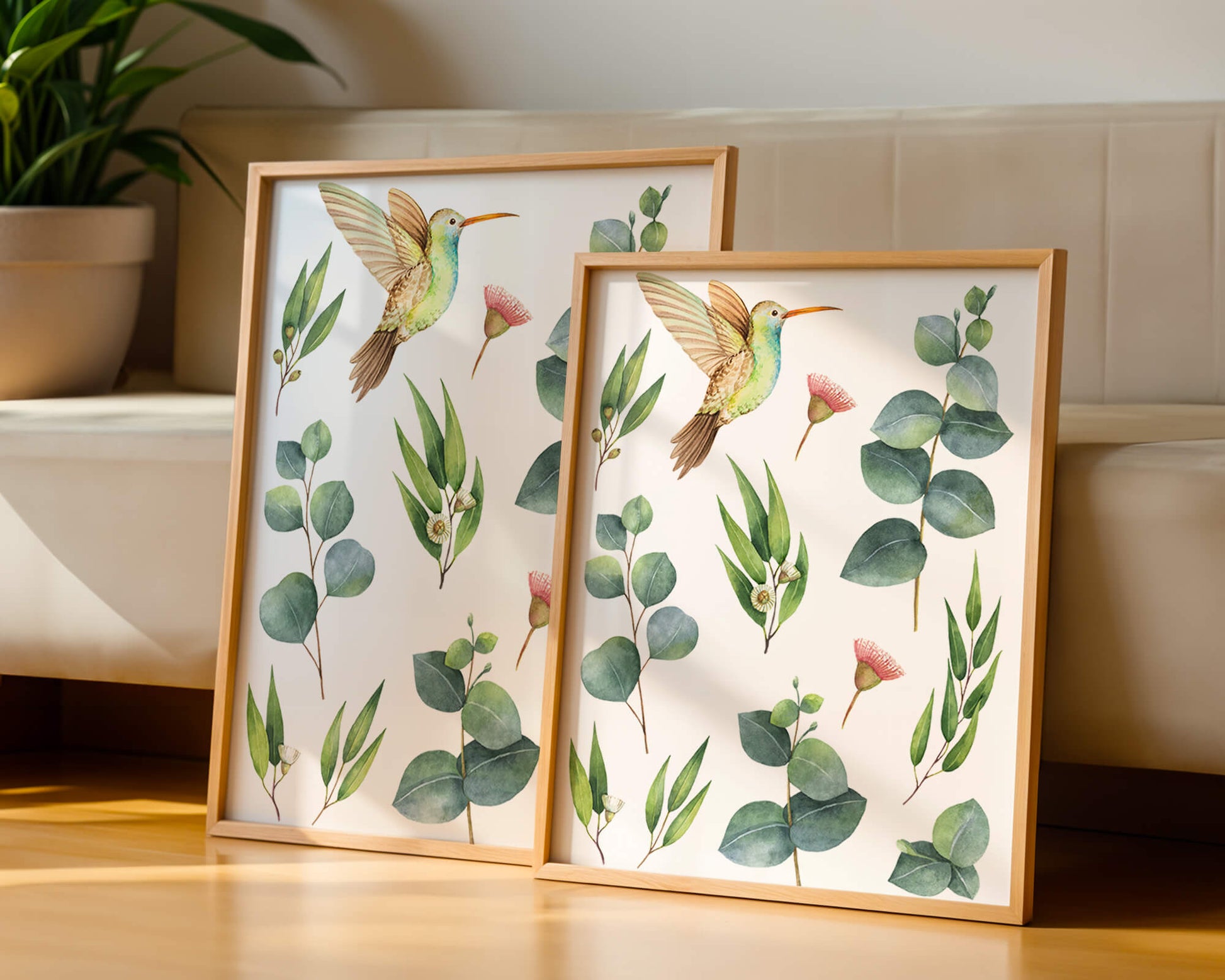Watercolor hummingbird and eucalyptus leaves illustration