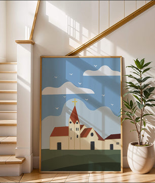 Idyllic Church Landscape with Golden Cross and Blue Sky