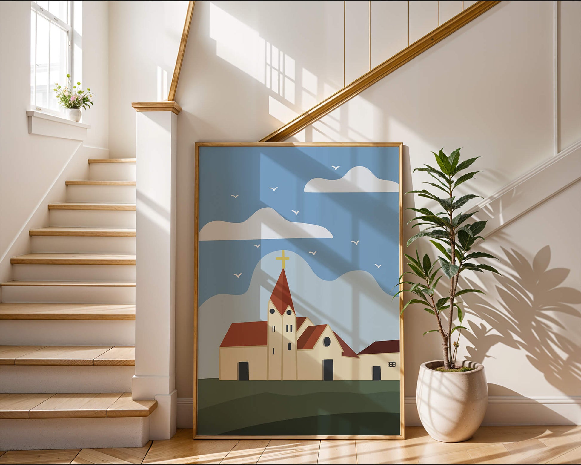 Paisaje idílico de iglesia con cruz dorada y cielo azul