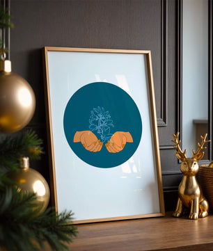 Illustration of Hands Holding a Plant with Teal Background