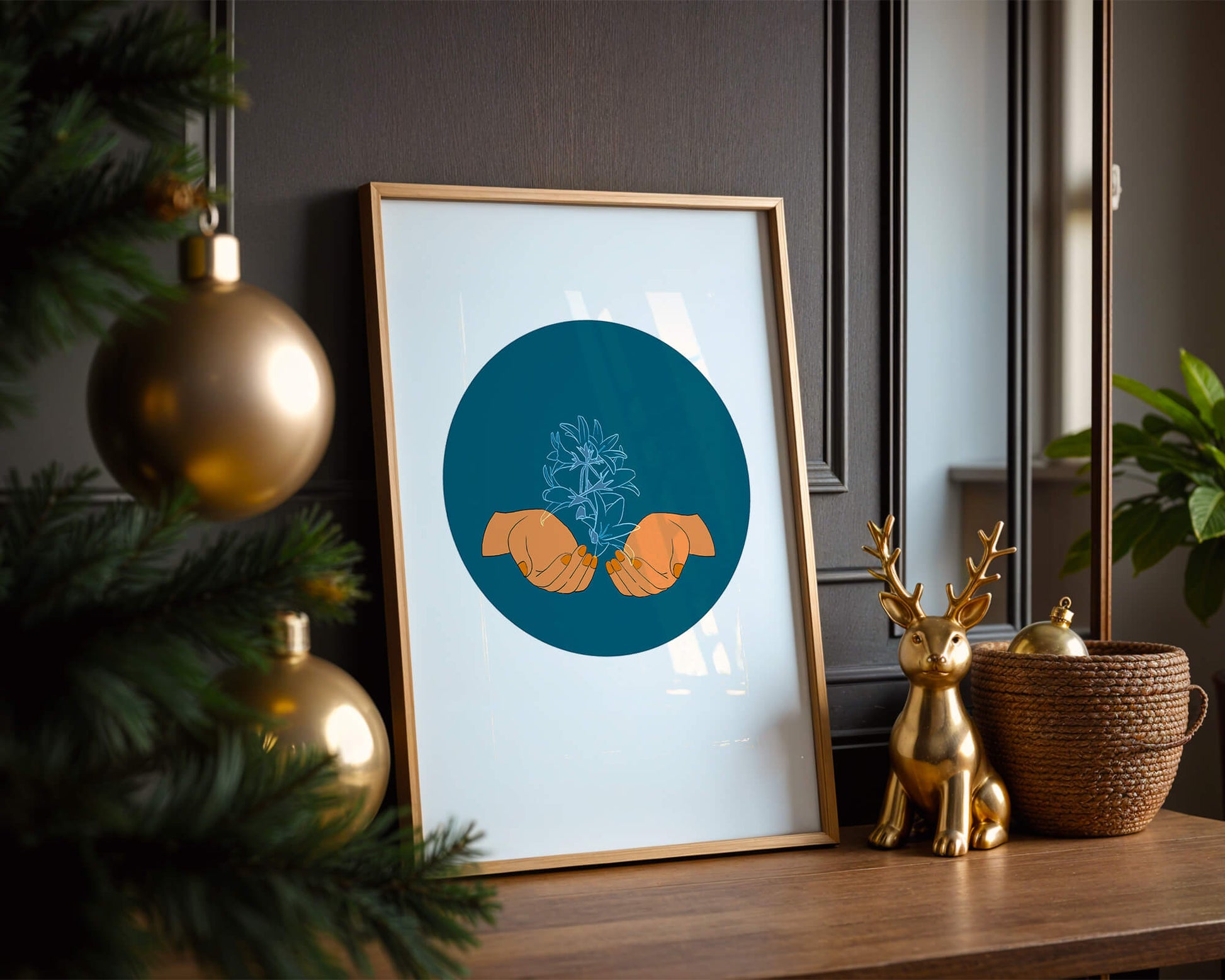 Illustration of Hands Holding a Plant with Teal Background