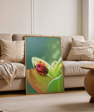 Ladybug on Leaf with Dew Drops in Serene Nature Setting - Mi tienda