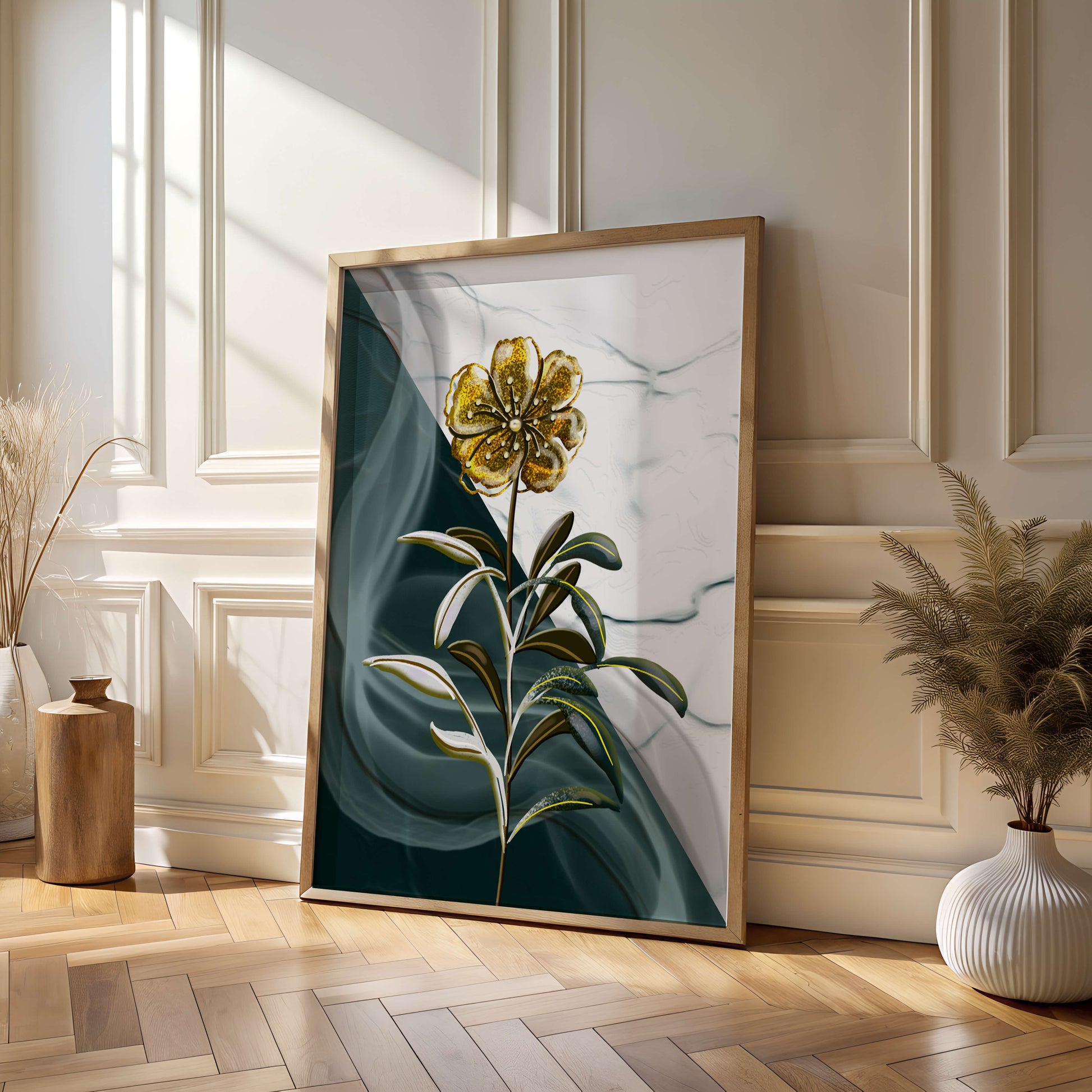 Elegant floral design with gold accents on abstract background