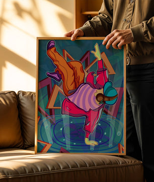 Colorful breakdancer in dynamic urban artwork