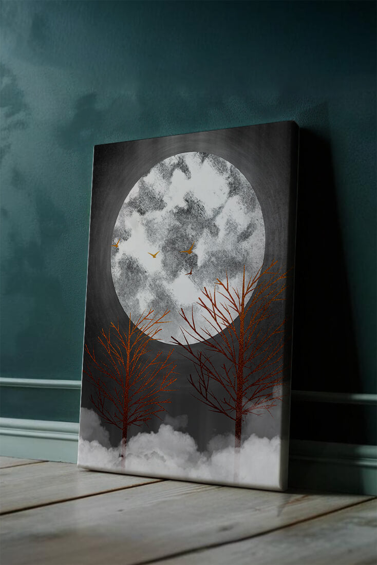 Surreal Night Scene with Trees and Golden Birds in Moonlight