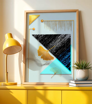 Abstract Composition with Geometric Shapes and Gold Ginkgo Leaves
