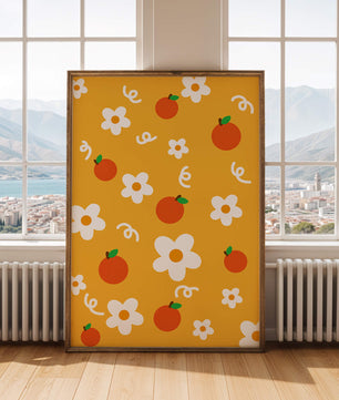 Playful floral and fruity pattern on a vibrant yellow background